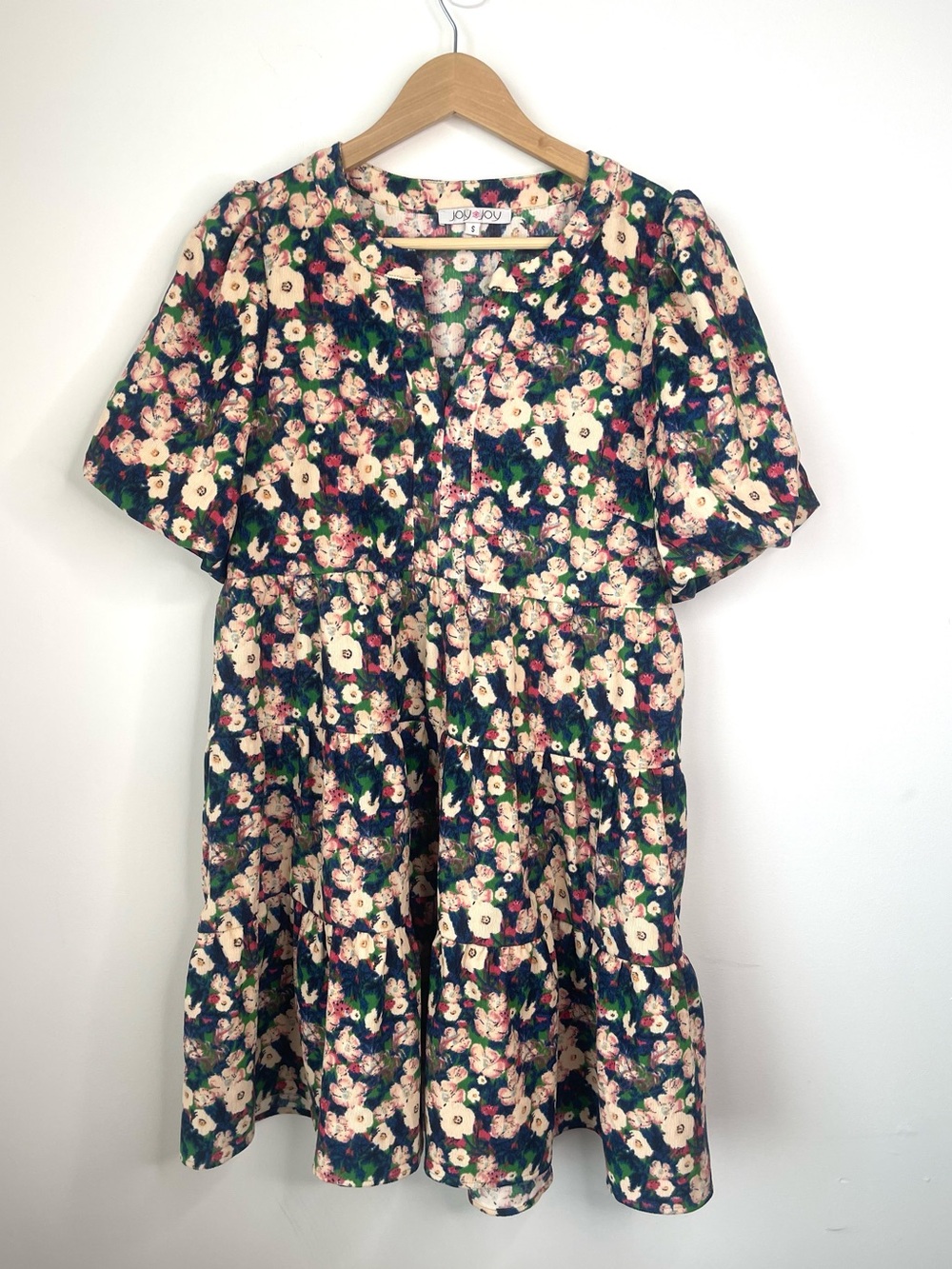 JOY JOY Navy Floral Tiered Dress - Pink Blossom Print size small